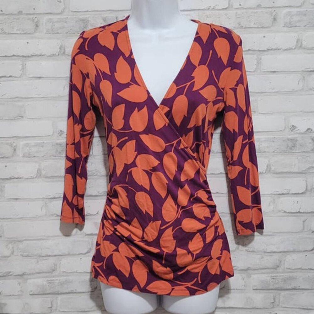 Boden Purple Orange Floral Faux Wrap Blouse Womens 6